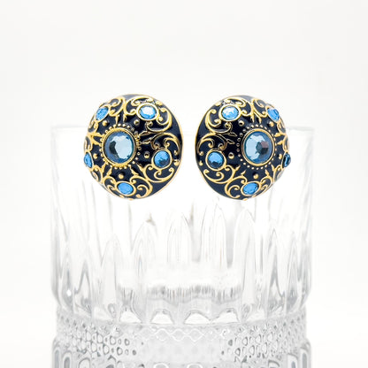 Vintage Court Style Blue Enamel Gemstone Stud Earrings Gold-Plated Copper