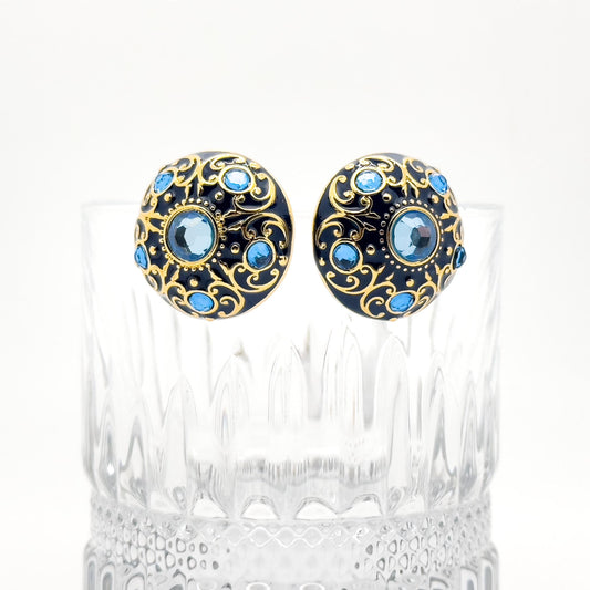 Vintage Court Style Blue Enamel Gemstone Stud Earrings Gold-Plated Copper