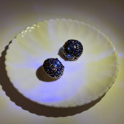 Vintage Court Style Blue Enamel Gemstone Stud Earrings Gold-Plated Copper