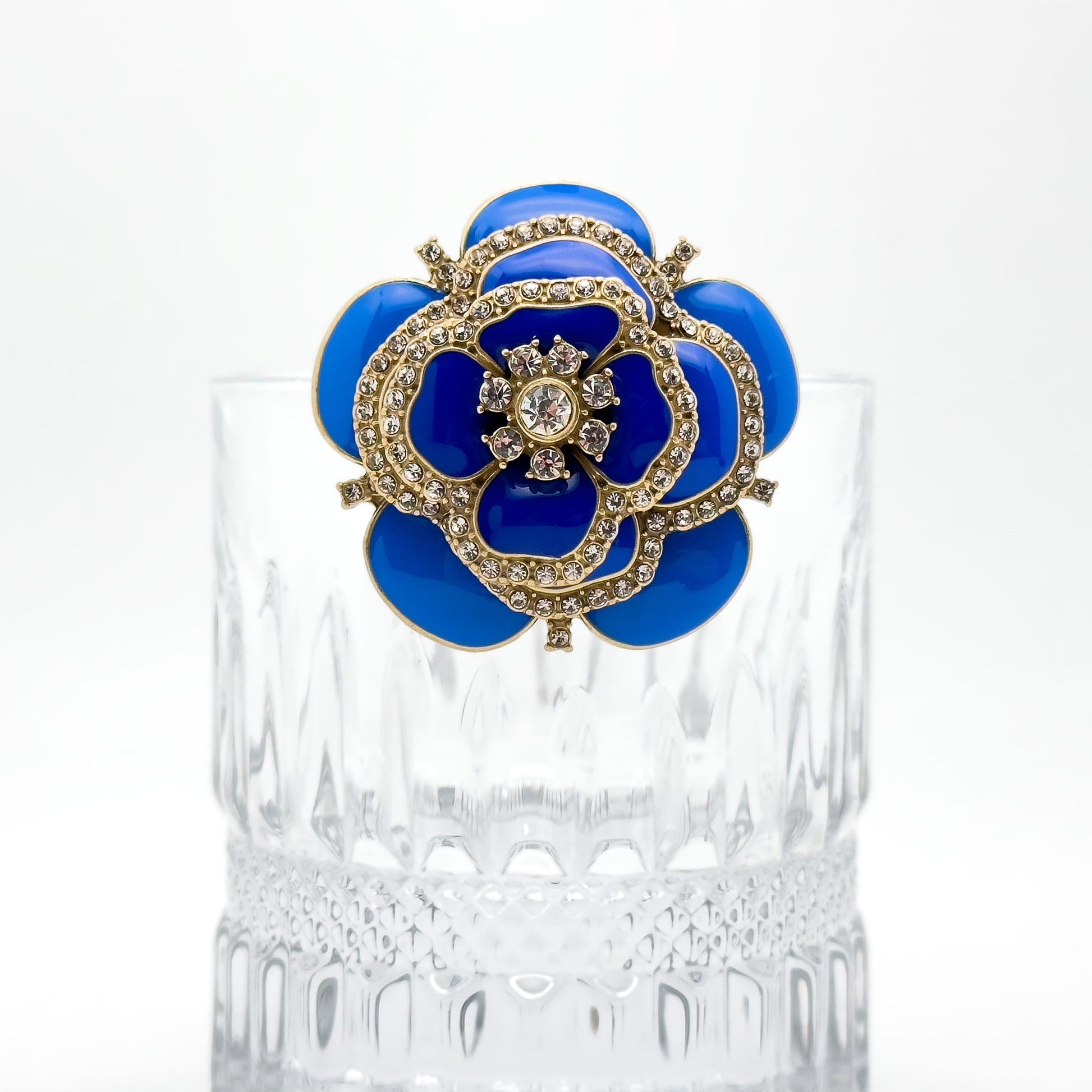 Vintage Blue Enamel Flower Brooch with Rhinestones and Gold