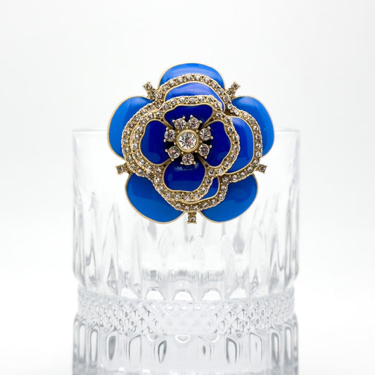 Vintage Blue Enamel Flower Brooch with Rhinestones and Gold