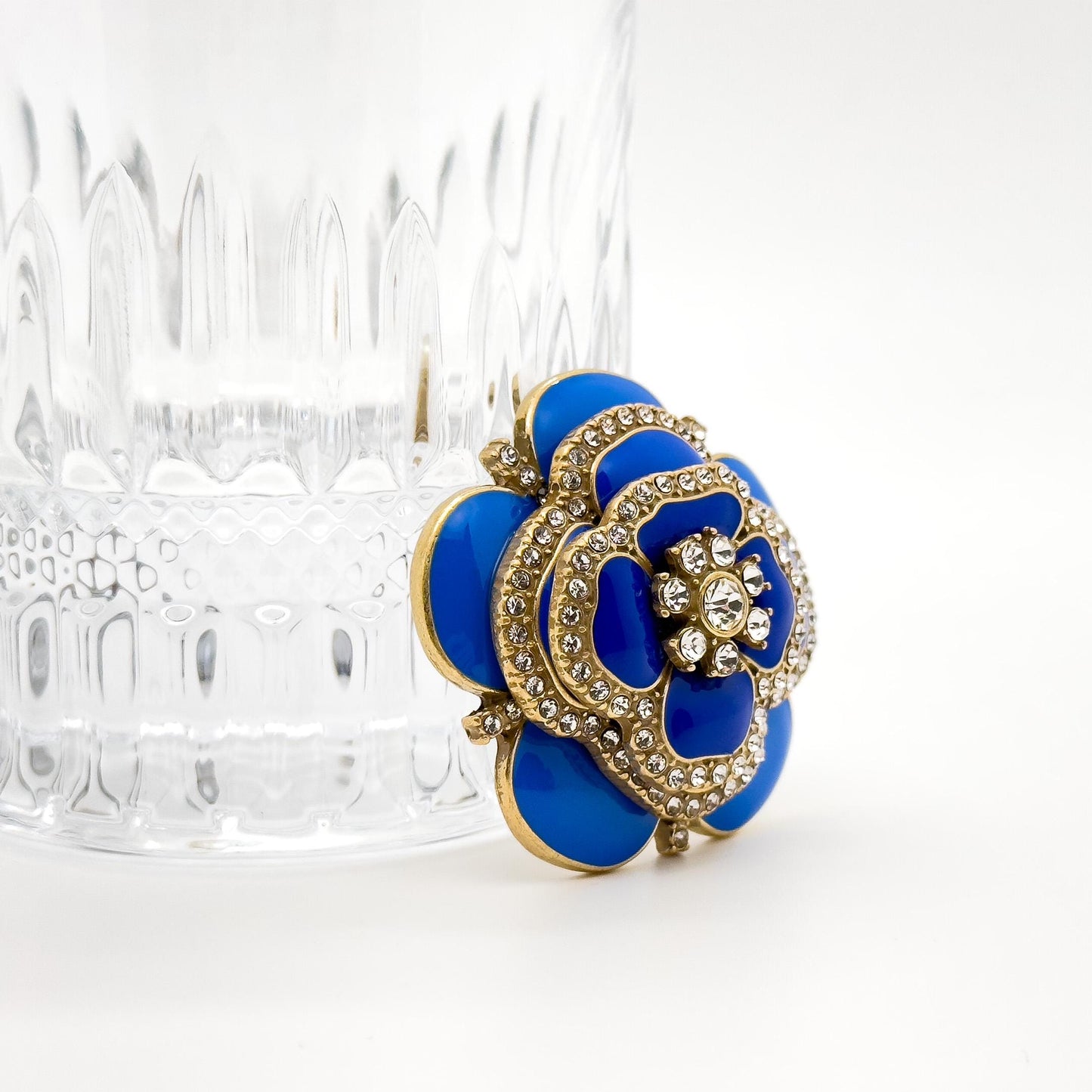 Vintage Blue Enamel Flower Brooch with Rhinestones and Gold