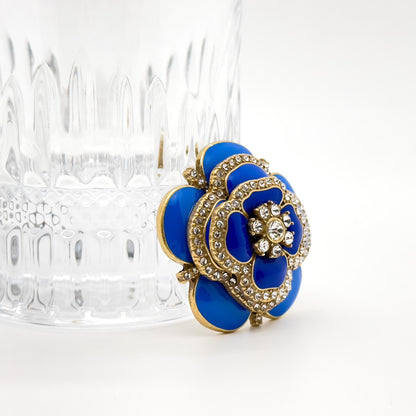 Vintage Blue Enamel Flower Brooch with Rhinestones and Gold