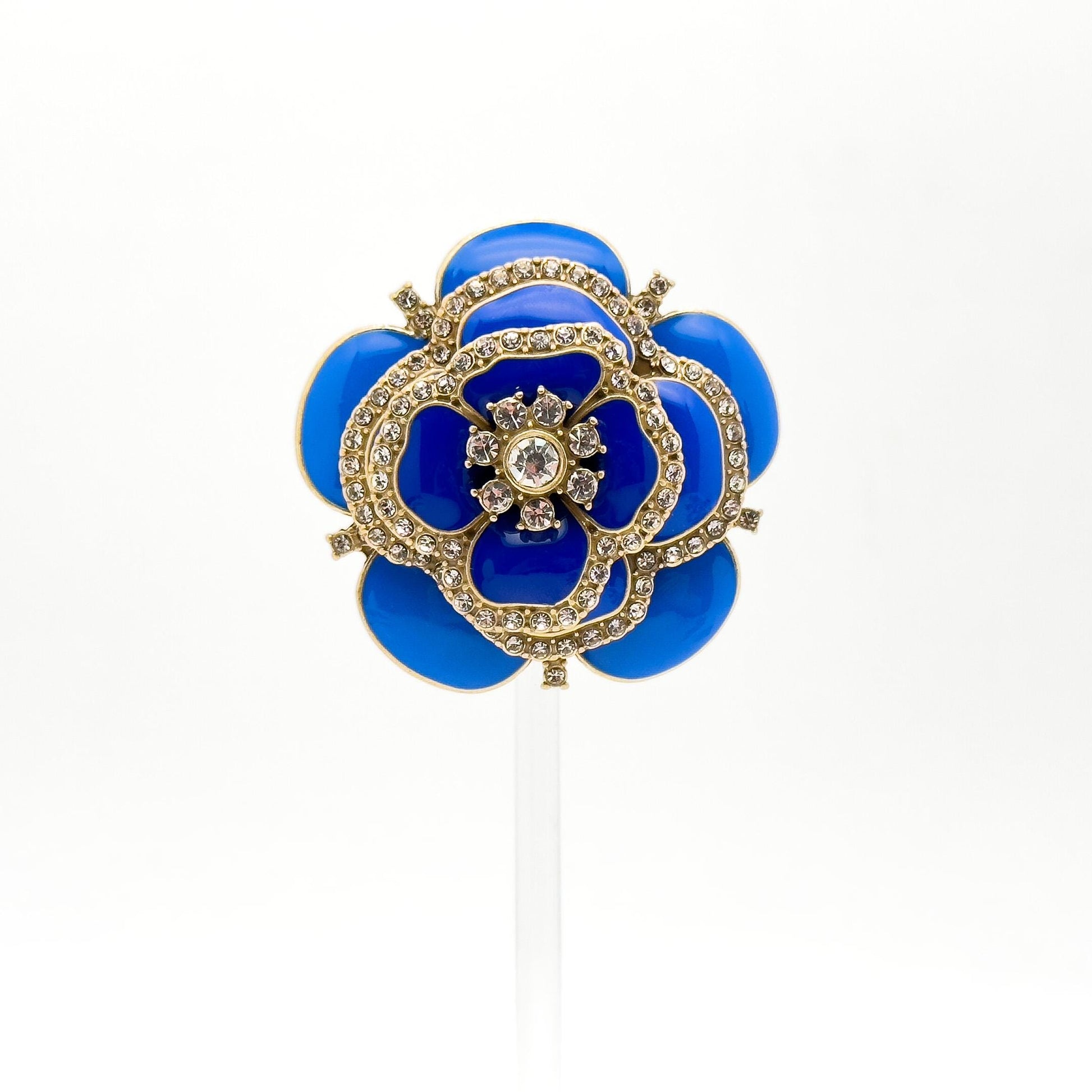 Vintage Blue Enamel Flower Brooch with Rhinestones and Gold