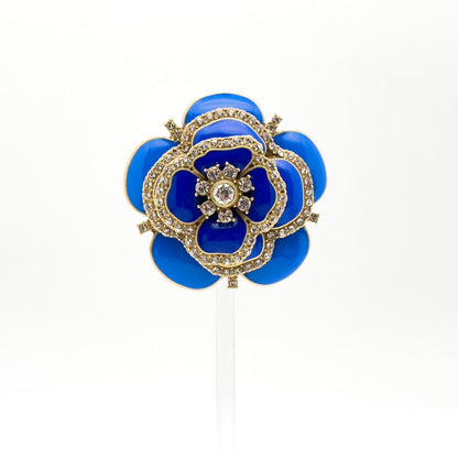 Vintage Blue Enamel Flower Brooch with Rhinestones and Gold