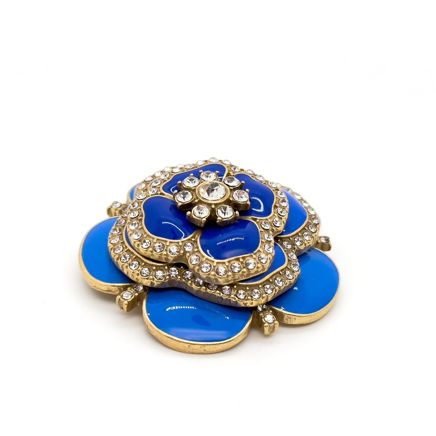 Vintage Blue Enamel Flower Brooch with Rhinestones and Gold
