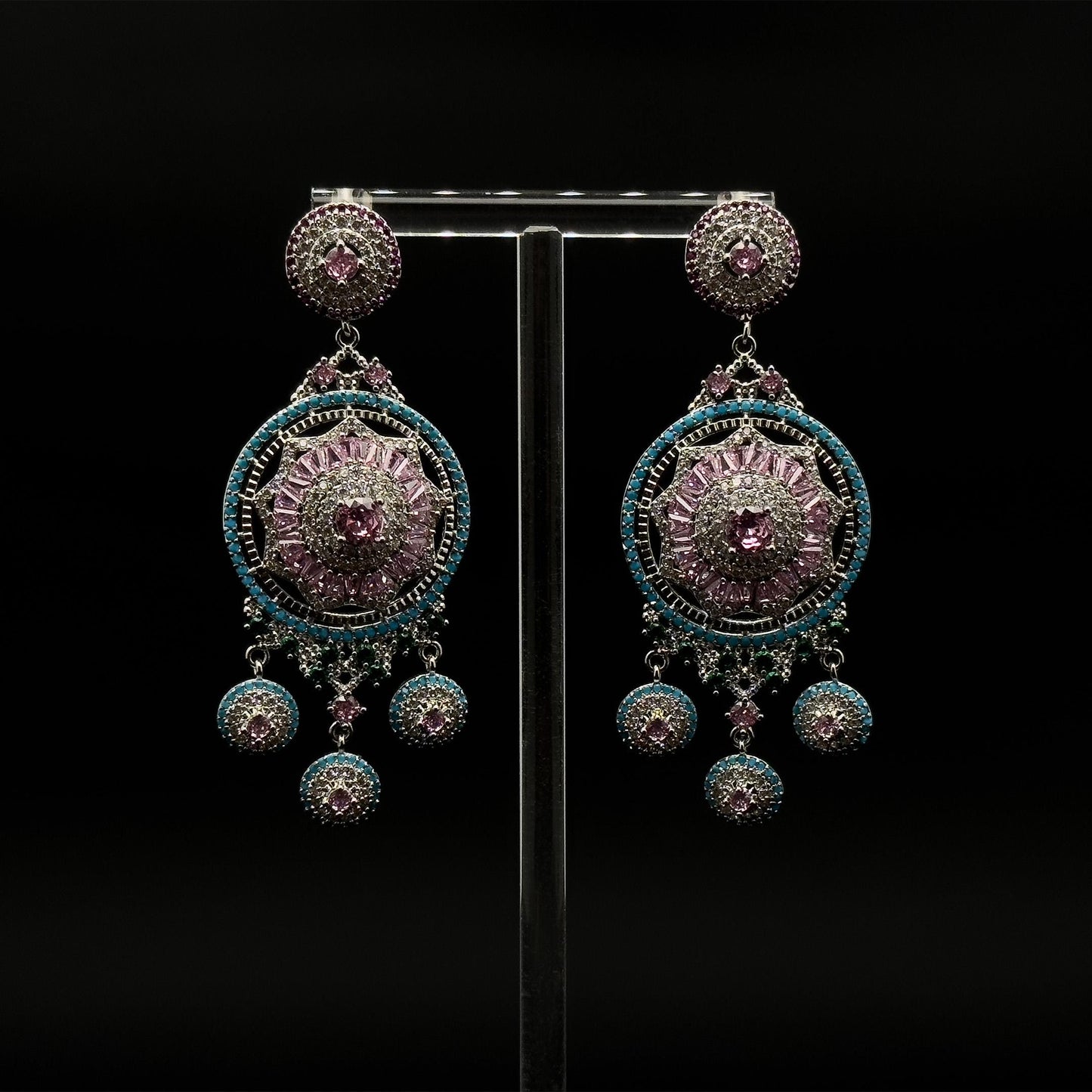 Luxury Pink Flower Dangle Earrings Rhinestone Silver-Plated Statement