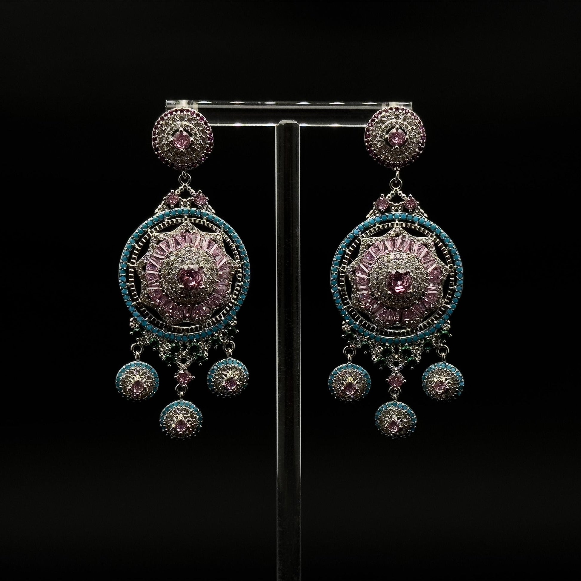 Luxury Pink Flower Dangle Earrings Rhinestone Silver-Plated Statement