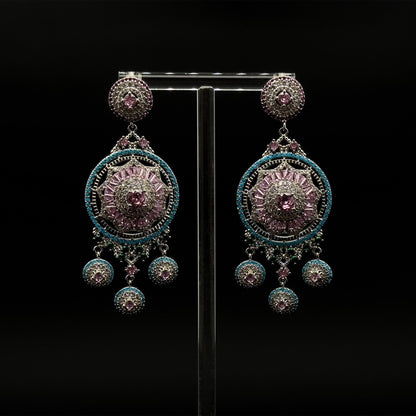 Luxury Pink Flower Dangle Earrings Rhinestone Silver-Plated Statement