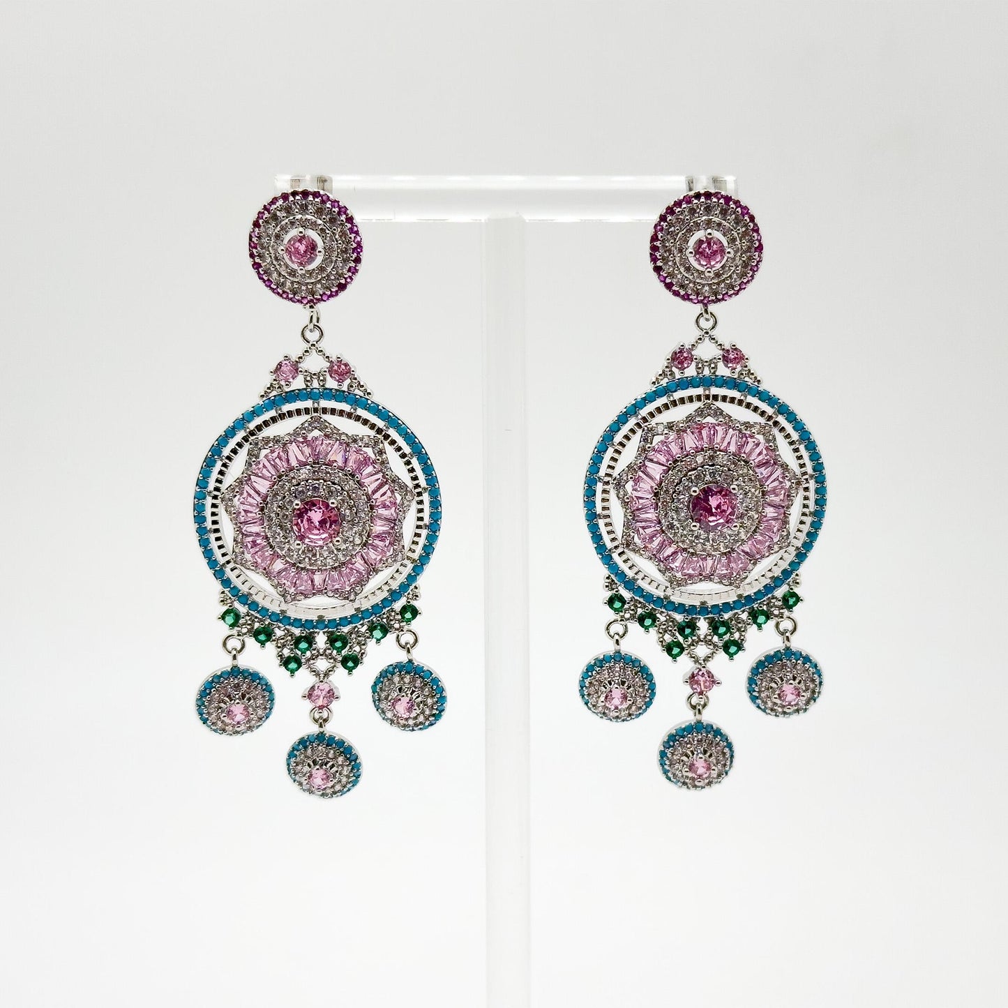 Luxury Pink Flower Dangle Earrings Rhinestone Silver-Plated Statement