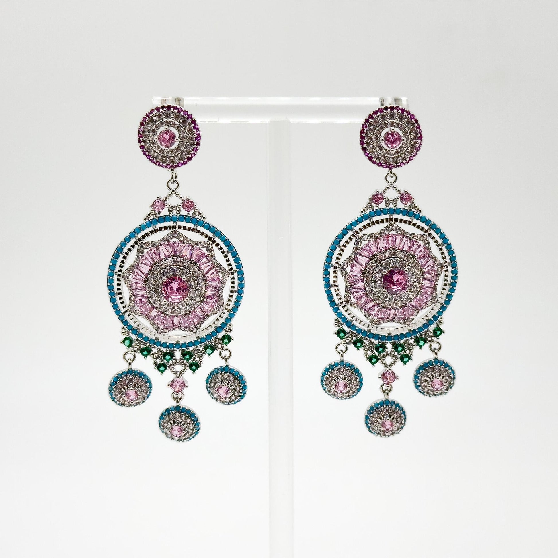 Luxury Pink Flower Dangle Earrings Rhinestone Silver-Plated Statement