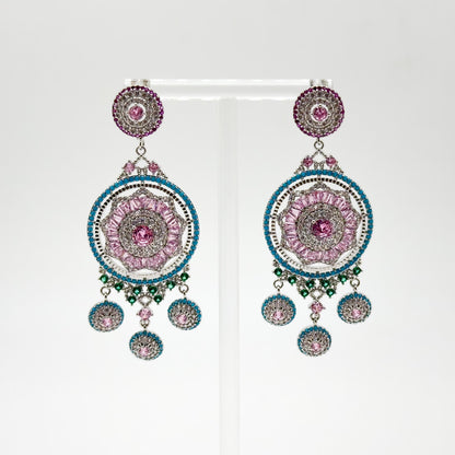 Luxury Pink Flower Dangle Earrings Rhinestone Silver-Plated Statement