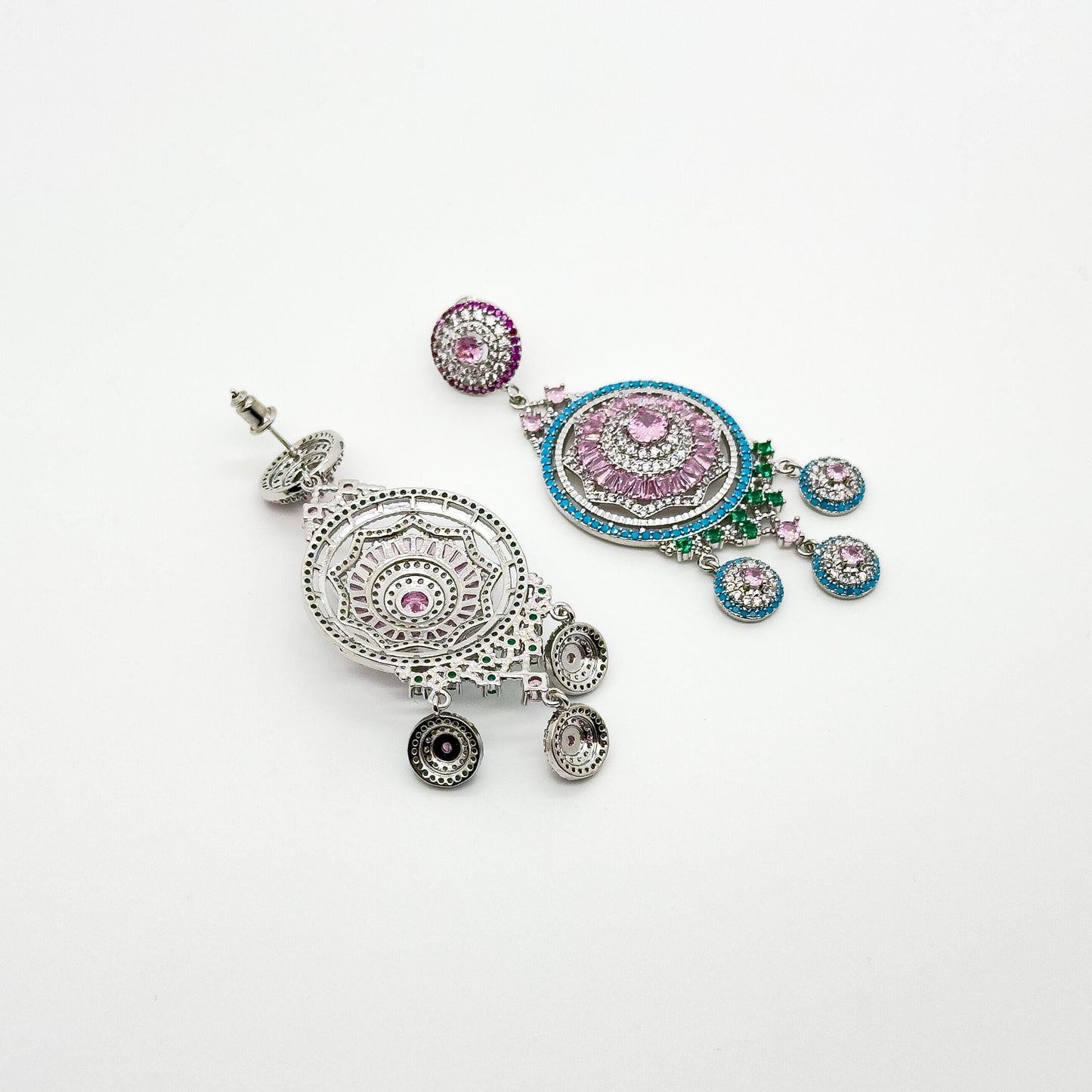 Luxury Pink Flower Dangle Earrings Rhinestone Silver-Plated Statement