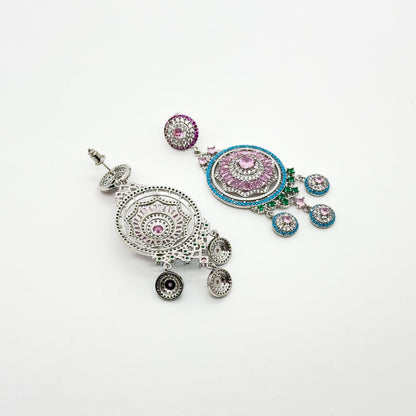 Luxury Pink Flower Dangle Earrings Rhinestone Silver-Plated Statement