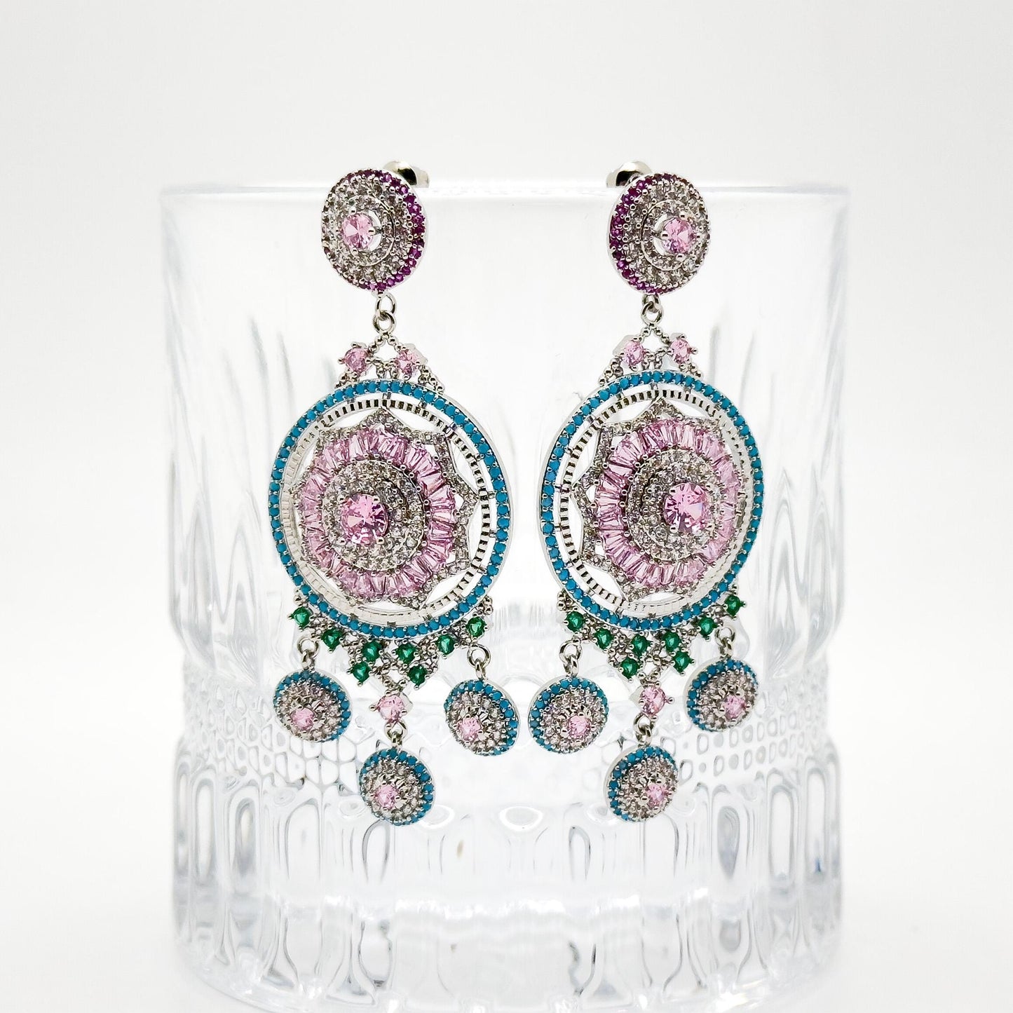 Luxury Pink Flower Dangle Earrings Rhinestone Silver-Plated Statement
