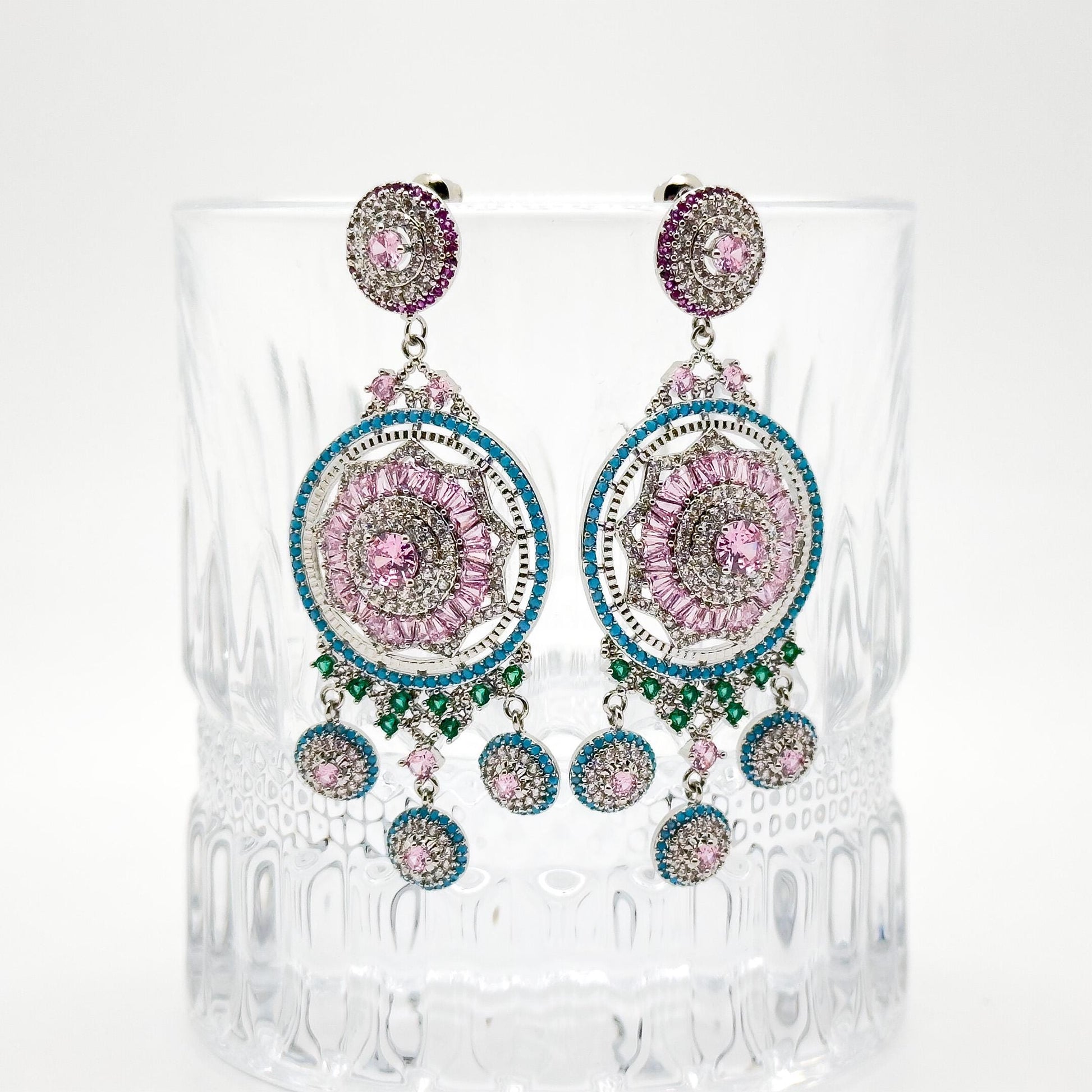 Luxury Pink Flower Dangle Earrings Rhinestone Silver-Plated Statement