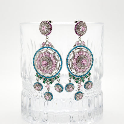 Luxury Pink Flower Dangle Earrings Rhinestone Silver-Plated Statement