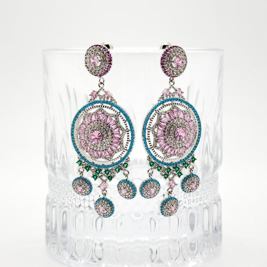 Luxury Pink Flower Dangle Earrings Rhinestone Silver-Plated Statement