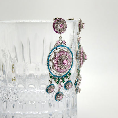 Luxury Pink Flower Dangle Earrings Rhinestone Silver-Plated Statement