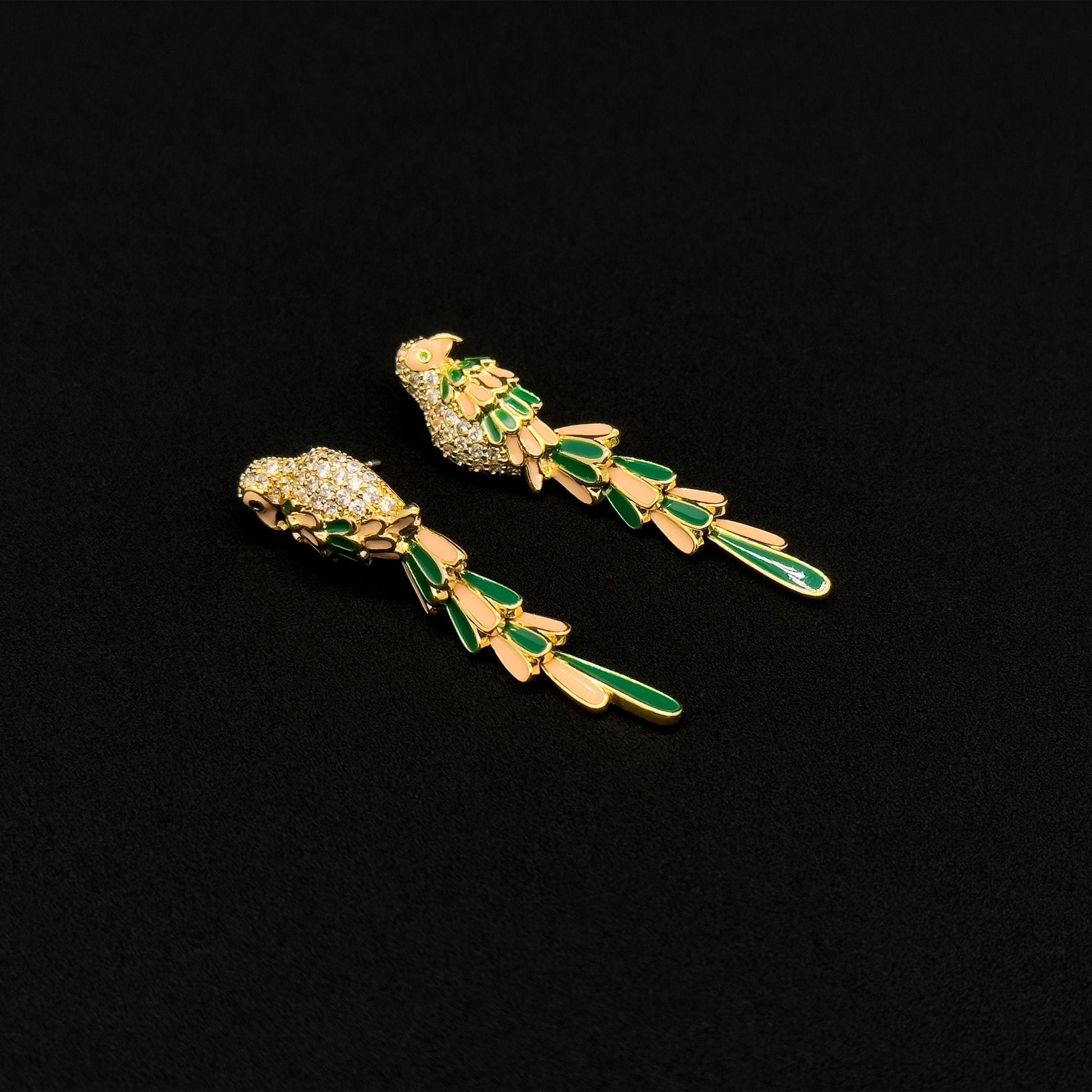 Gold-Plated Enamel Mini Parrot Stud Earrings with Rhinestones