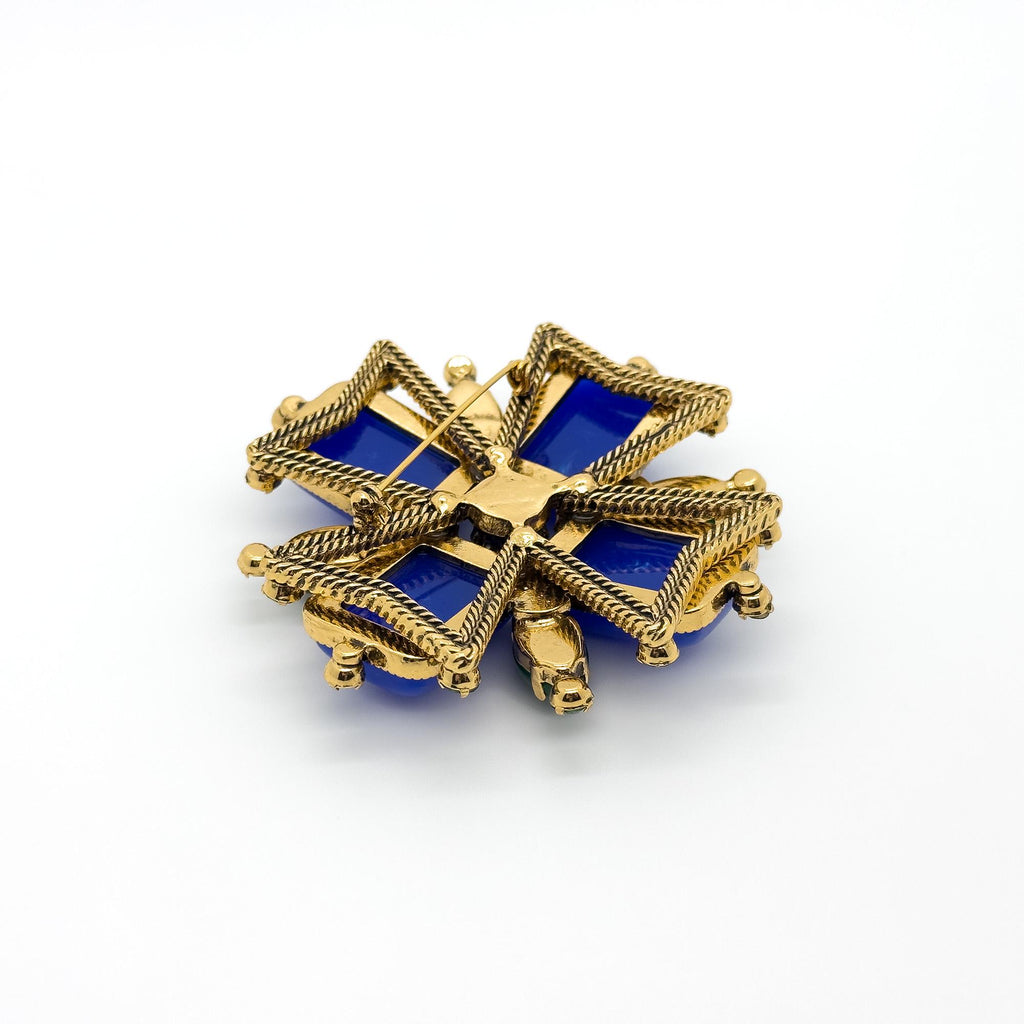 Vintage Art Deco Blue Gemstone Cross Brooch Rhinestone Overcoat Pin