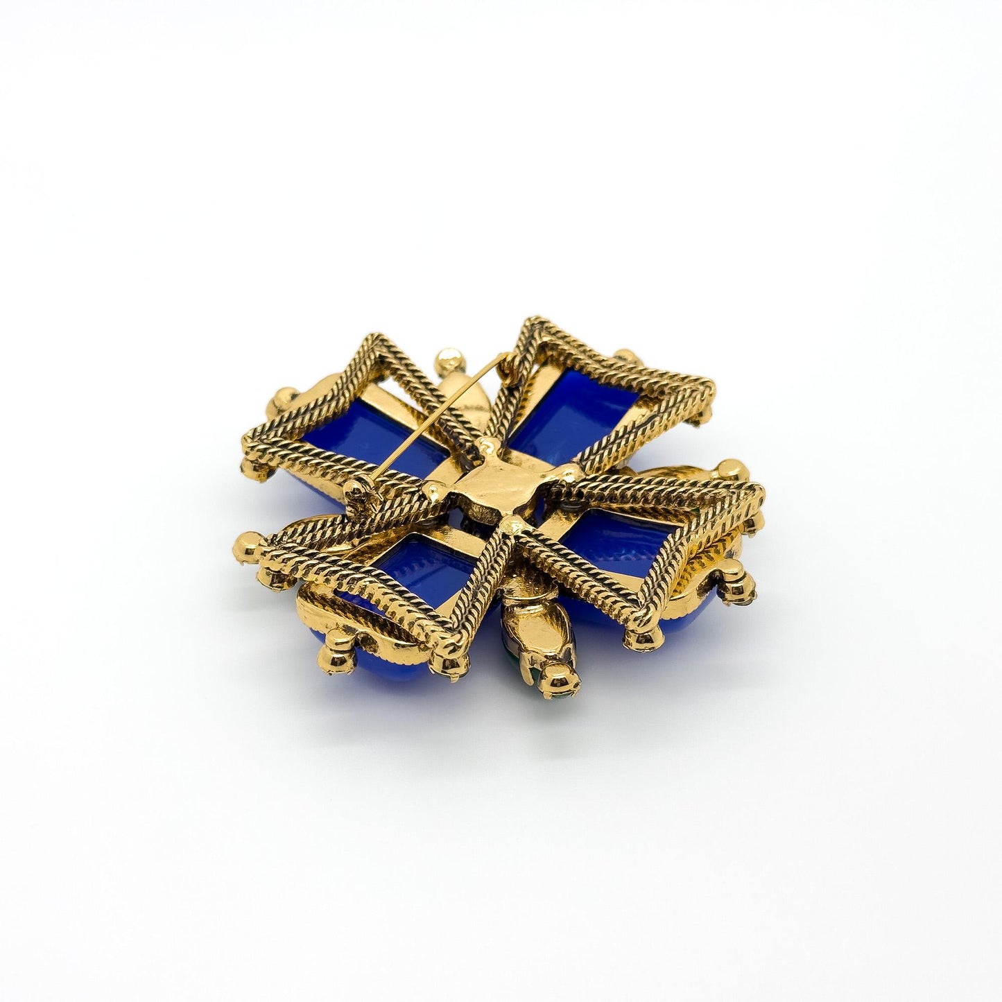 Vintage Art Deco Blue Gemstone Cross Brooch Rhinestone Overcoat Pin