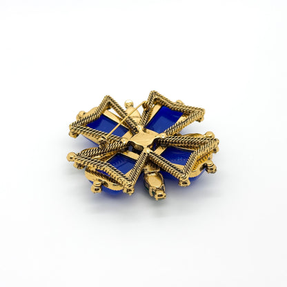 Vintage Art Deco Blue Gemstone Cross Brooch Rhinestone Overcoat Pin