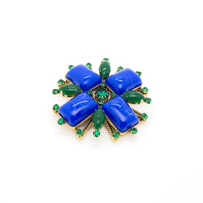 Vintage Art Deco Blue Gemstone Cross Brooch Rhinestone Overcoat Pin