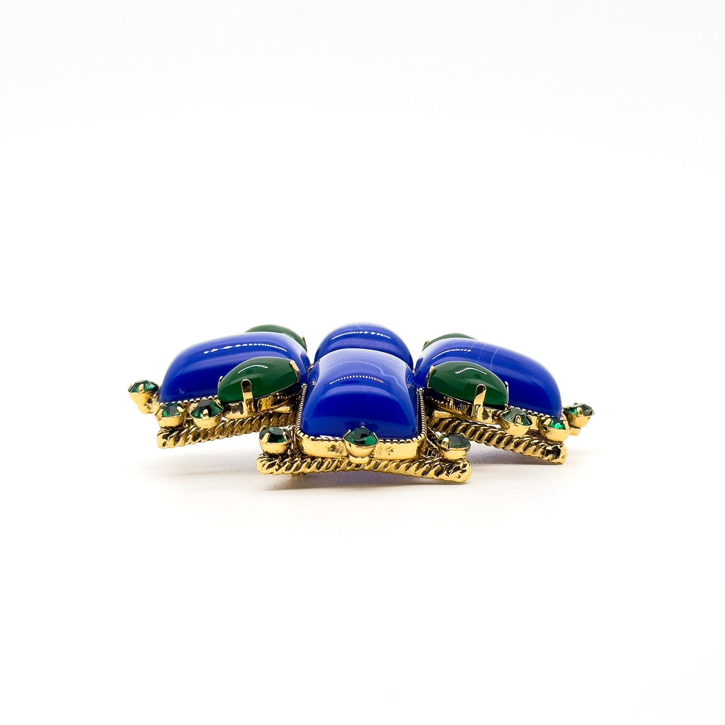 Vintage Art Deco Blue Gemstone Cross Brooch Rhinestone Overcoat Pin