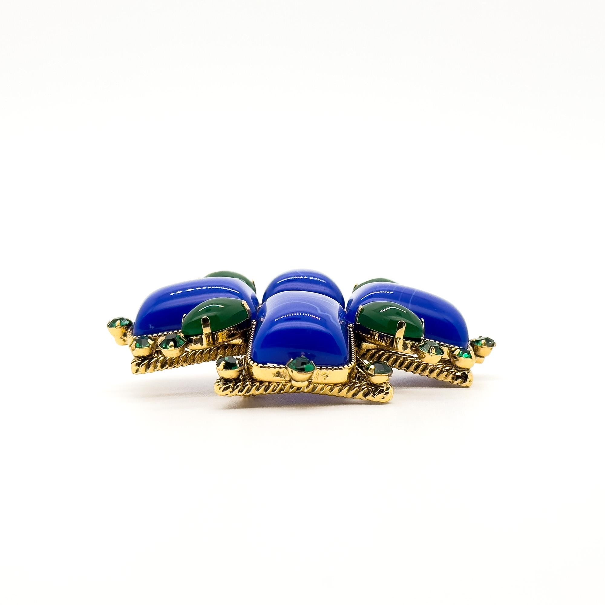 Vintage Art Deco Blue Gemstone Cross Brooch Rhinestone Overcoat Pin