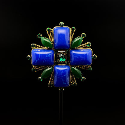 Vintage Art Deco Blue Gemstone Cross Brooch Rhinestone Overcoat Pin