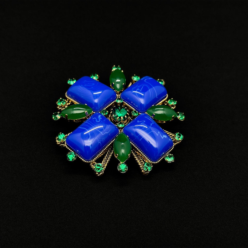 Vintage Art Deco Blue Gemstone Cross Brooch Rhinestone Overcoat Pin