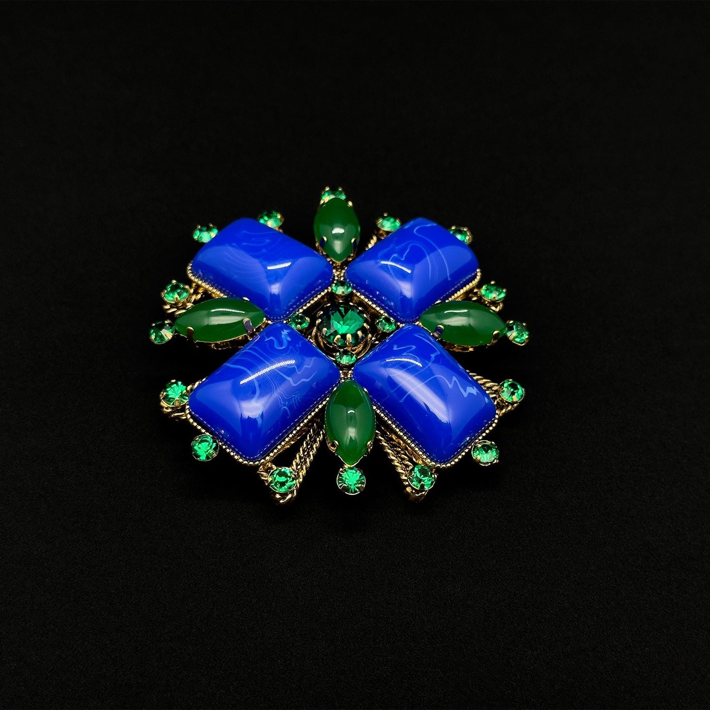 Vintage Art Deco Blue Gemstone Cross Brooch Rhinestone Overcoat Pin
