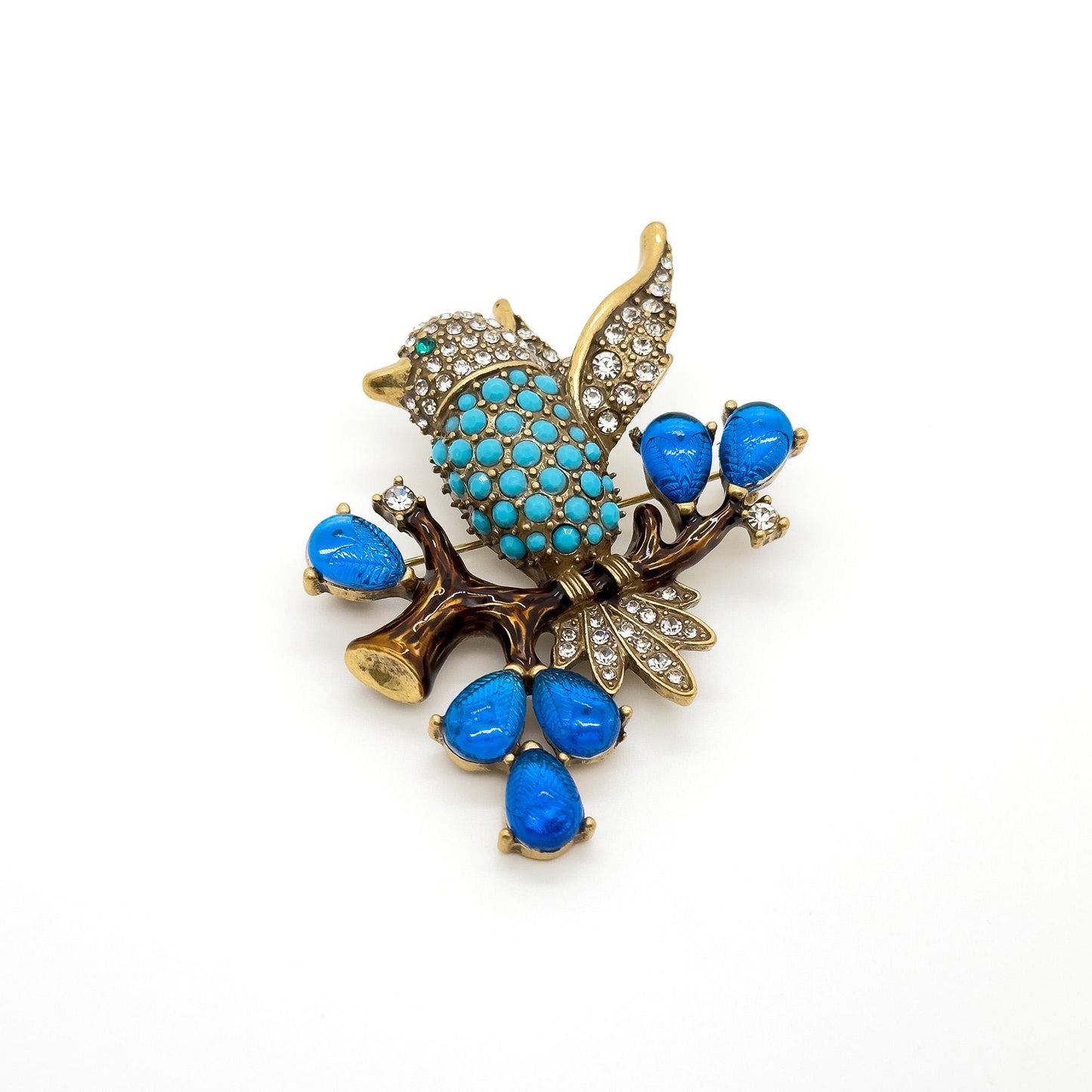 Vintage Art Deco Bird Rhinestone Gemstone Resin Copper Handmade Brooch