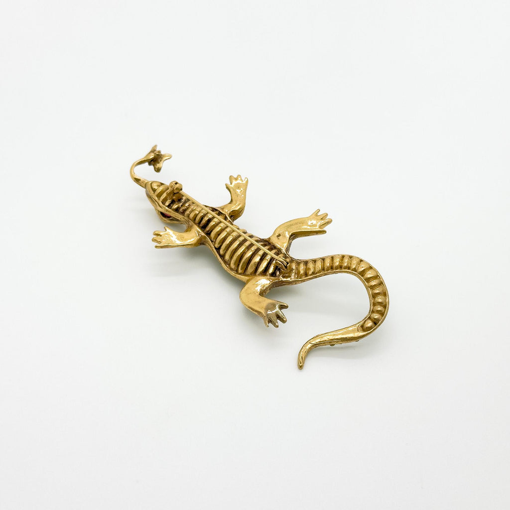 Vintage Art Deco Gecko Brooch Copper Rhinestone Glass Statement Pin