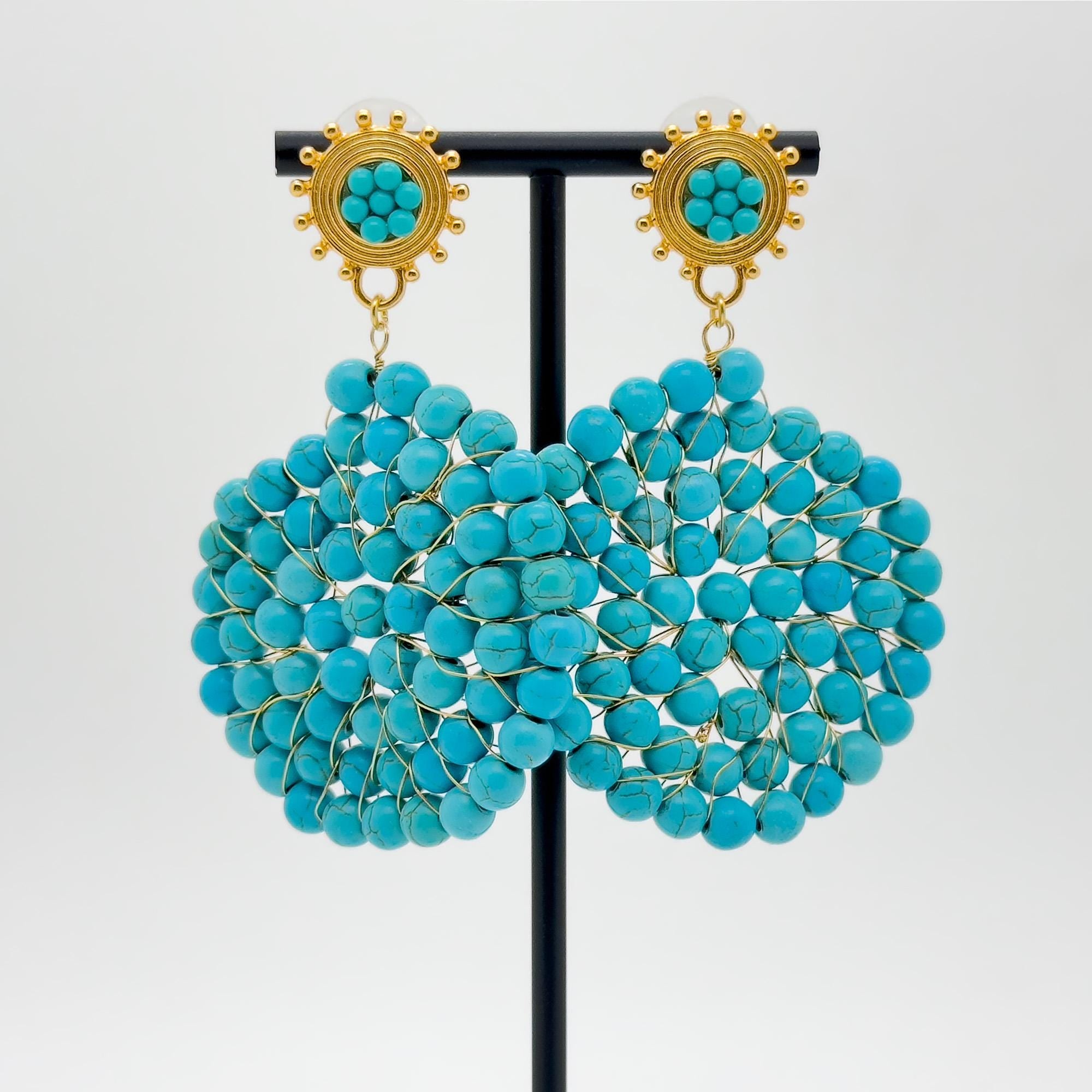 Vintage Turquoise Round Disc Hoop Earrings Art Deco Statement