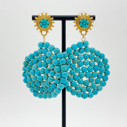 Vintage Turquoise Round Disc Hoop Earrings Art Deco Statement