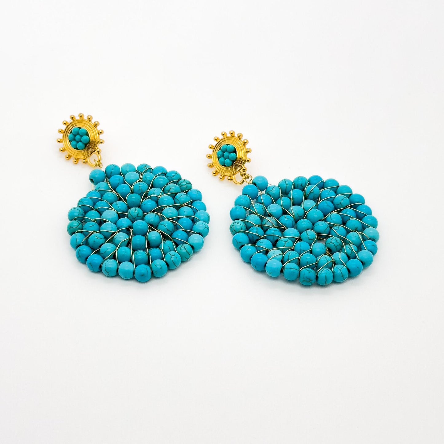 Vintage Turquoise Round Disc Hoop Earrings Art Deco Statement