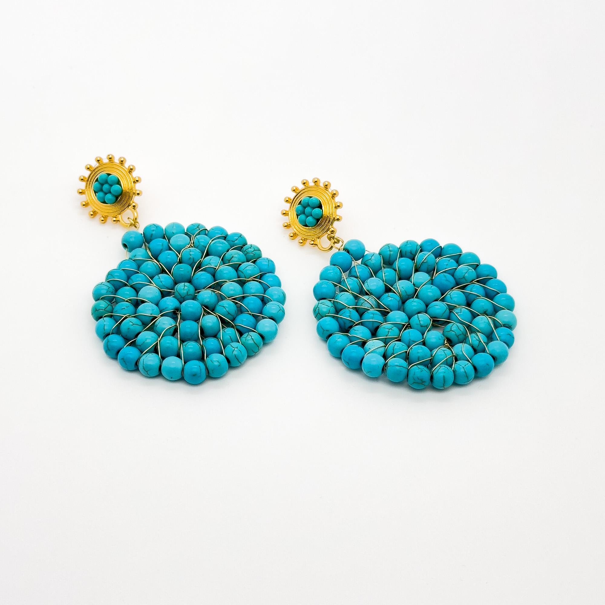 Vintage Turquoise Round Disc Hoop Earrings Art Deco Statement