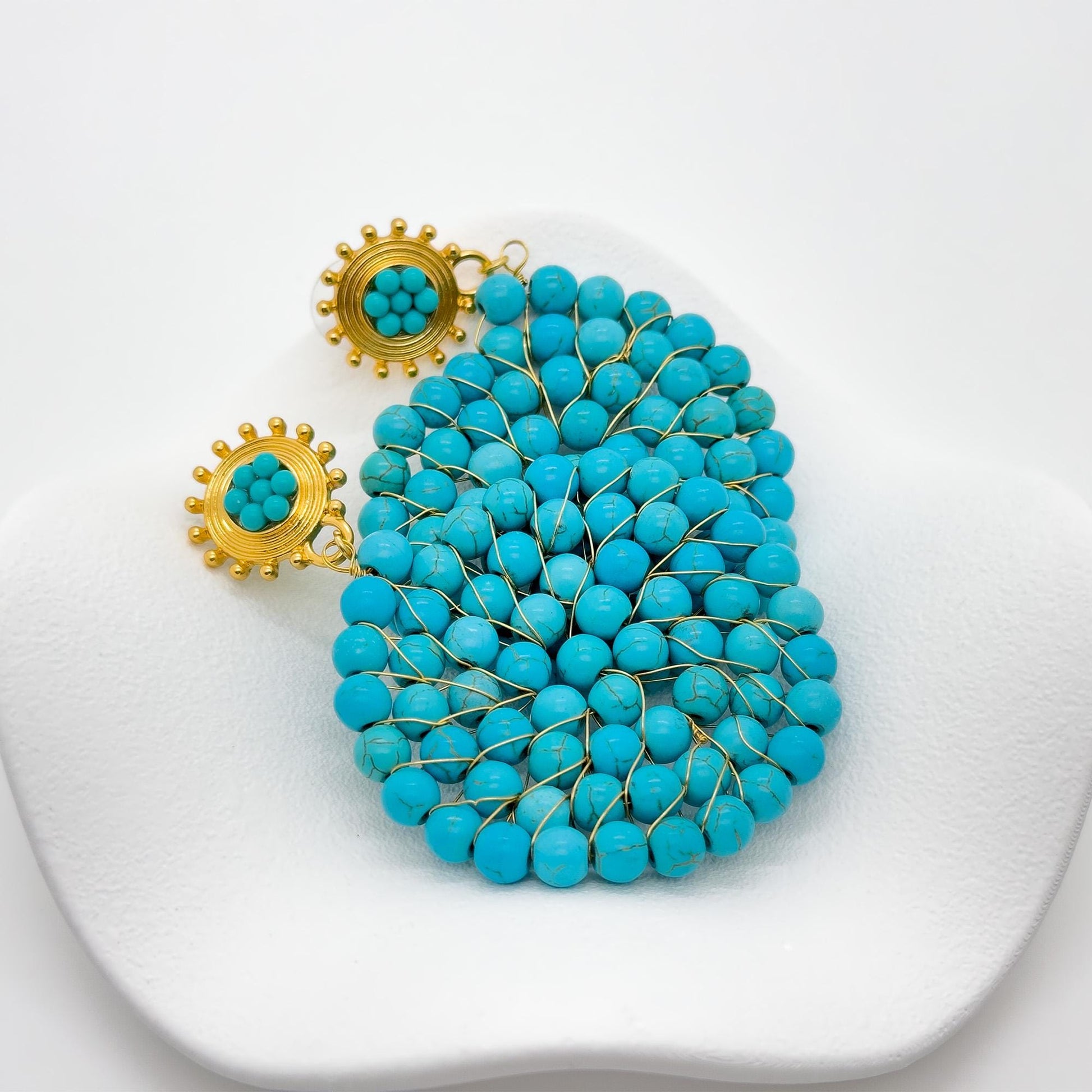 Vintage Turquoise Round Disc Hoop Earrings Art Deco Statement