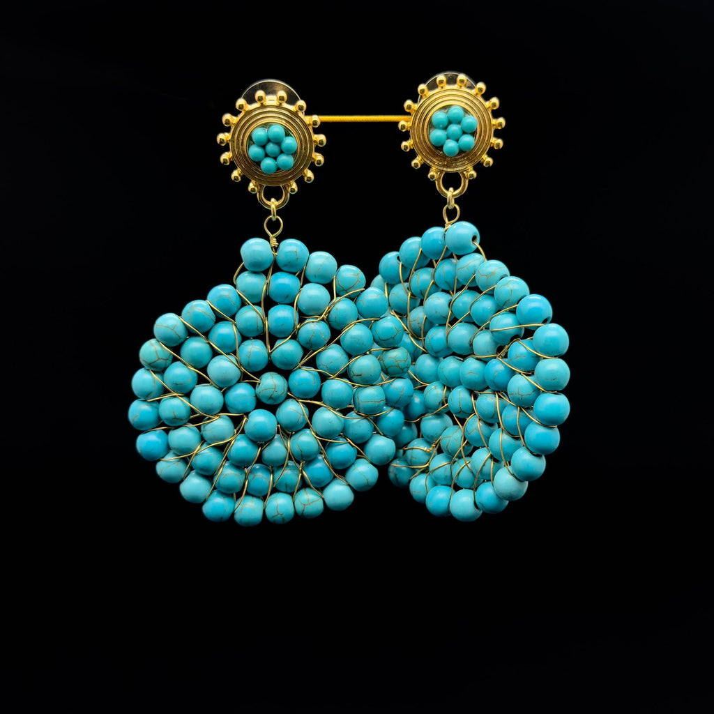 Vintage Turquoise Round Disc Hoop Earrings Art Deco Statement