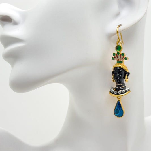 Vintage Ethnic Egyptian Figure Dangle Earrings 18K Gold Plated