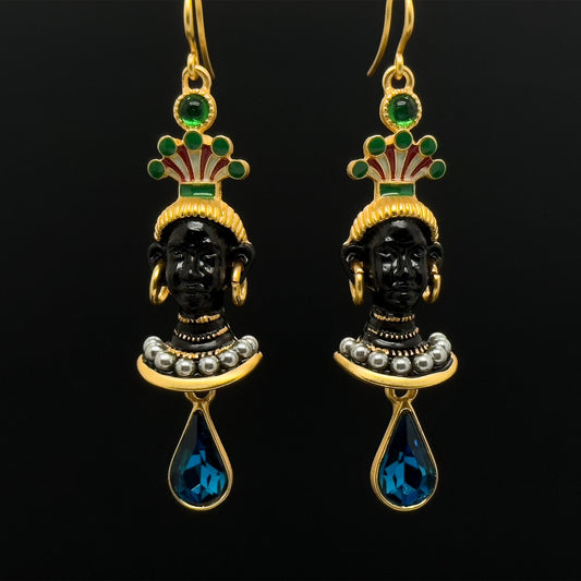 Vintage Ethnic Egyptian Figure Dangle Earrings 18K Gold Plated