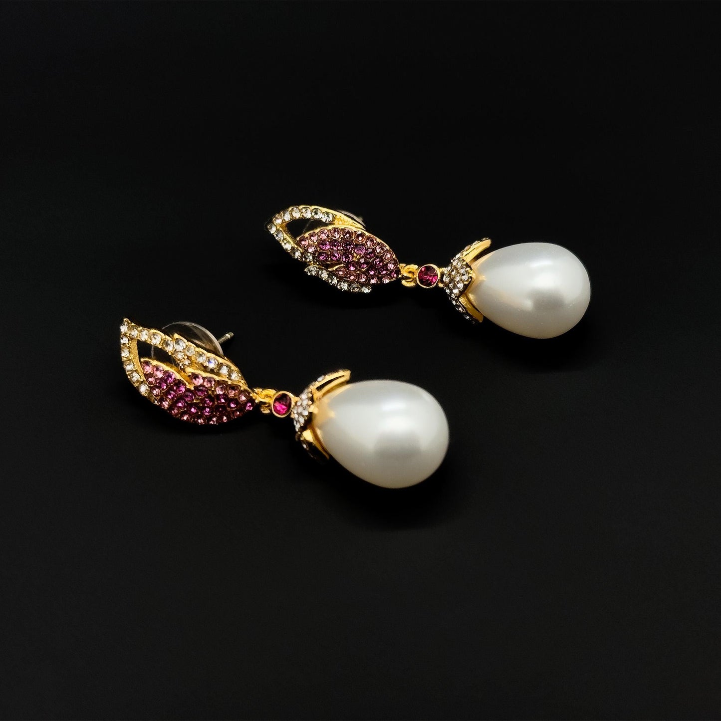 Luxury Pink Feather Teardrop Earrings with Pearls and Rhinestones
