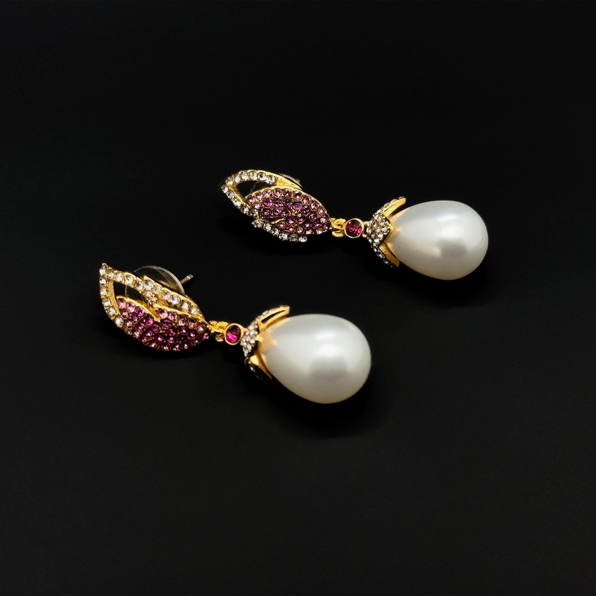 Luxury Pink Feather Teardrop Earrings with Pearls and Rhinestones