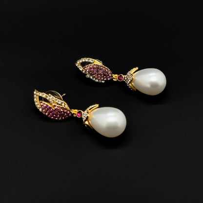 Luxury Pink Feather Teardrop Earrings with Pearls and Rhinestones