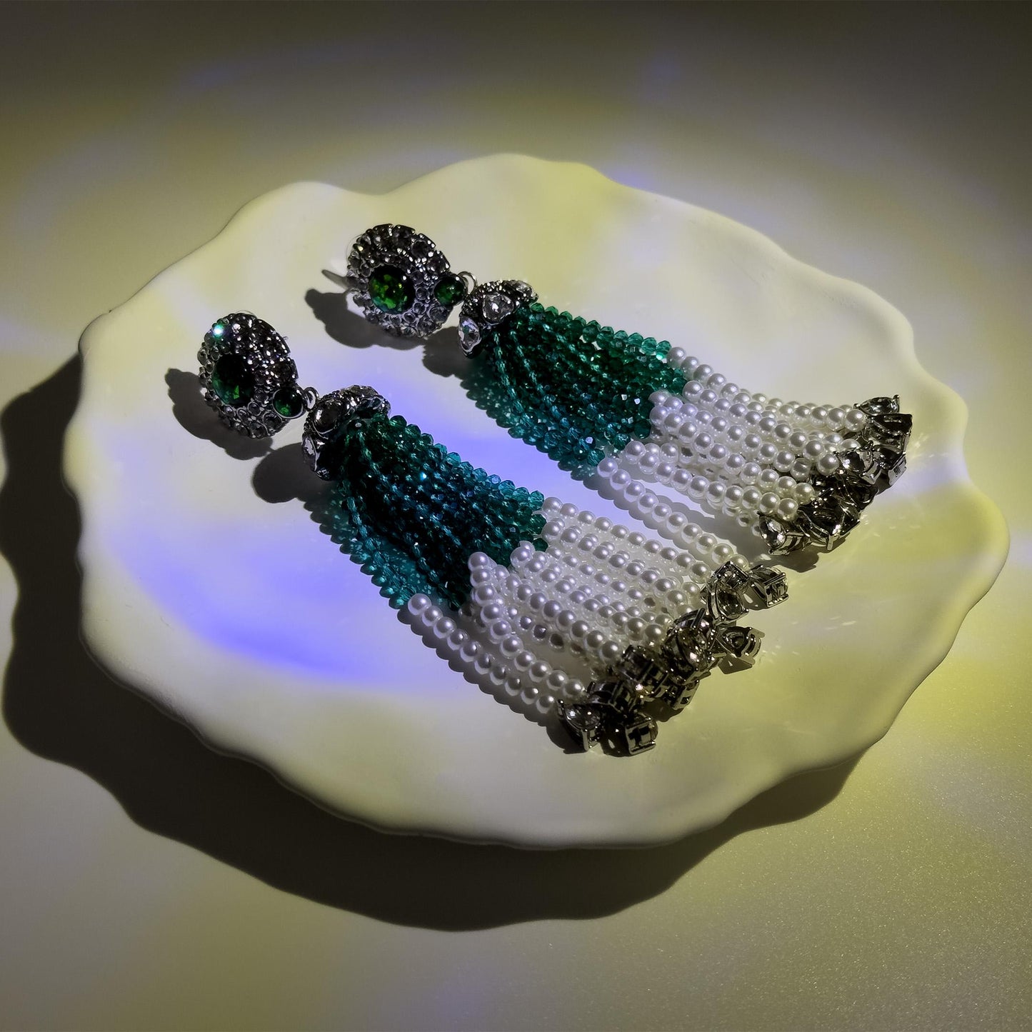 Vintage Green Bead Tassel Earrings Bohemian Long Dangle Elegant Statement