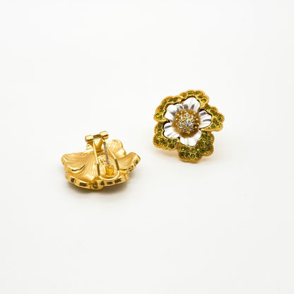 French Vintage 3D Flower Stud Earrings Gold-Plated Rhinestone