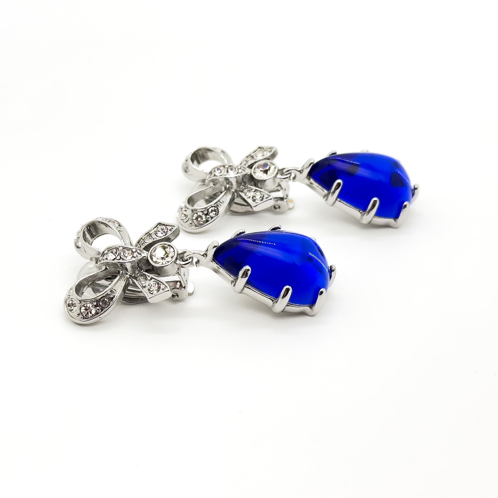 Art Deco Bow Sapphire Drop Earrings with Rhinestone Accents