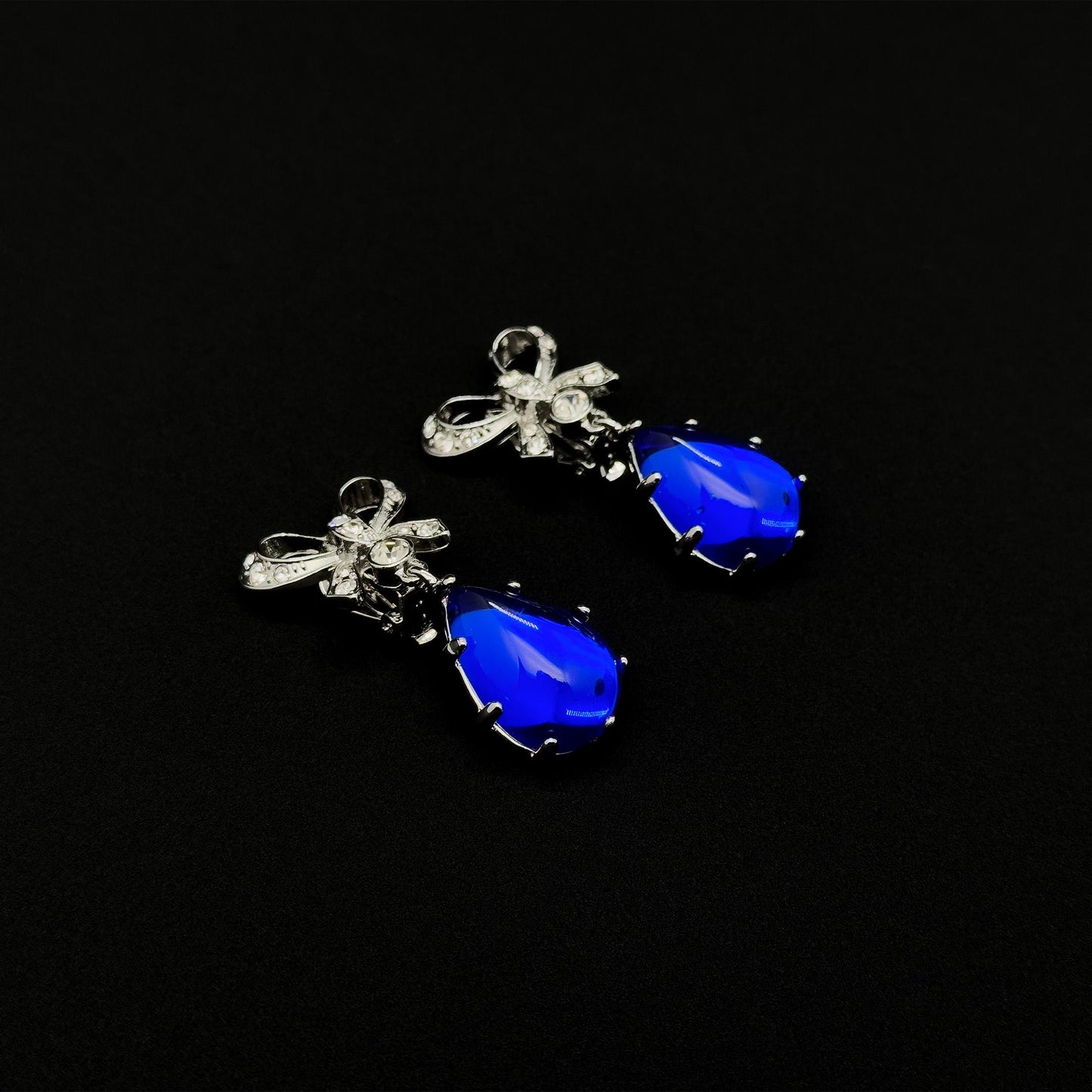 Art Deco Bow Sapphire Drop Earrings with Rhinestone Accents